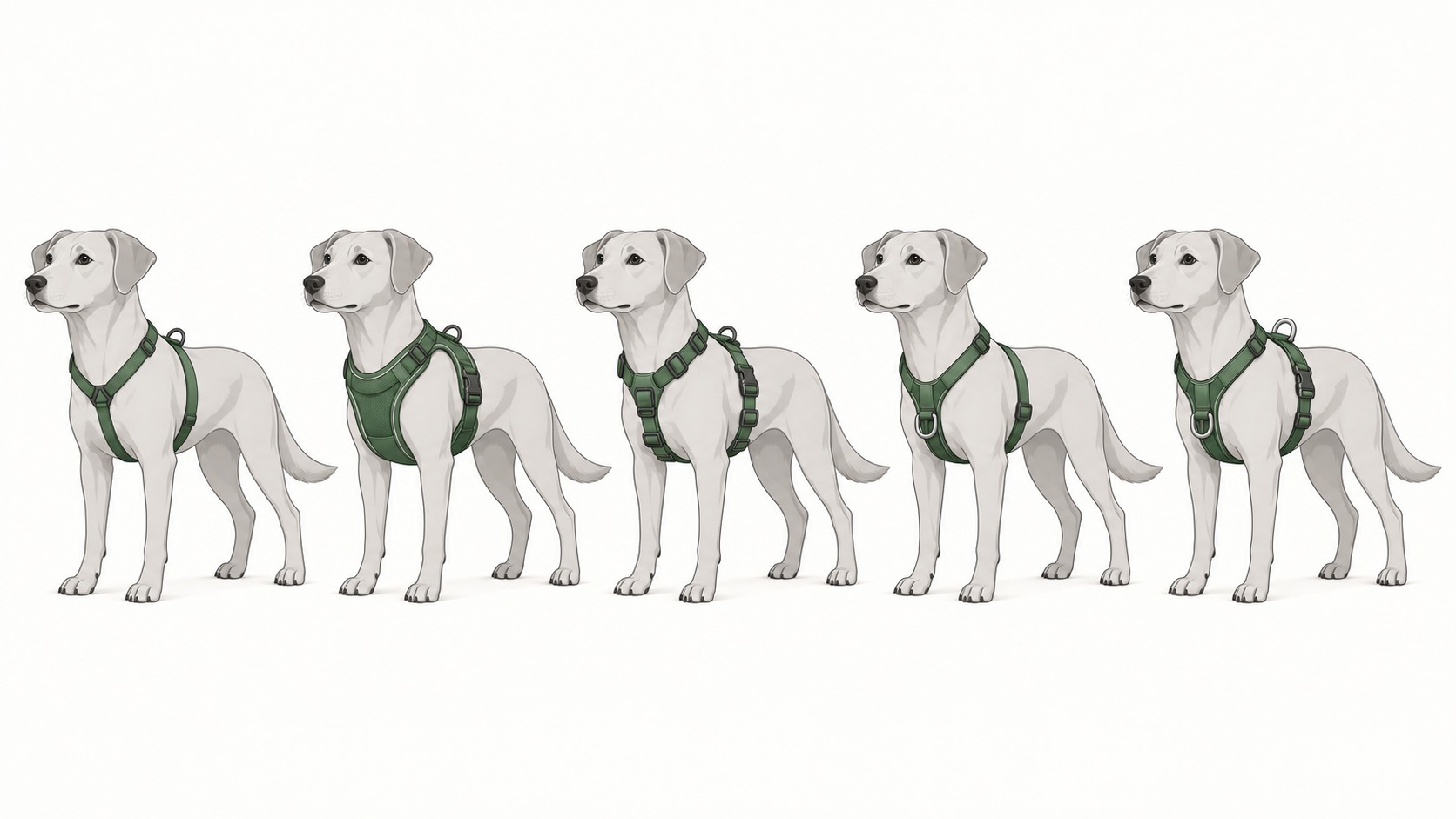 Cinco tipos de arnés para perro, en fila, sobre un mismo perro claro